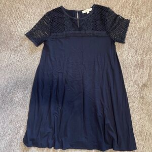 LOFT Shift Dress Women’s 14 Navy Blue Lace Overlay Sleeves Classic Knee Length